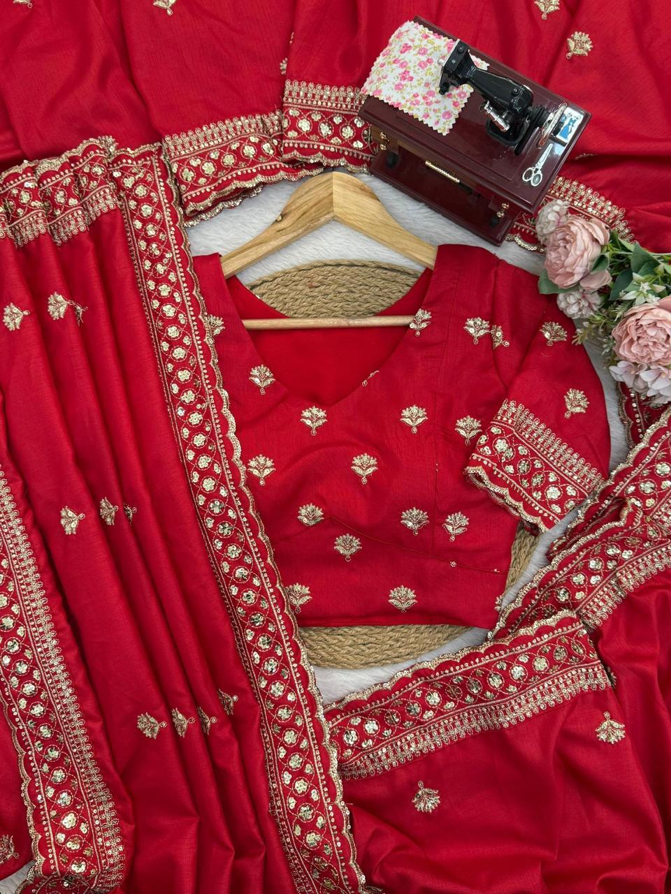 Red Jalpari Silk Saree with thread and Sequin Work