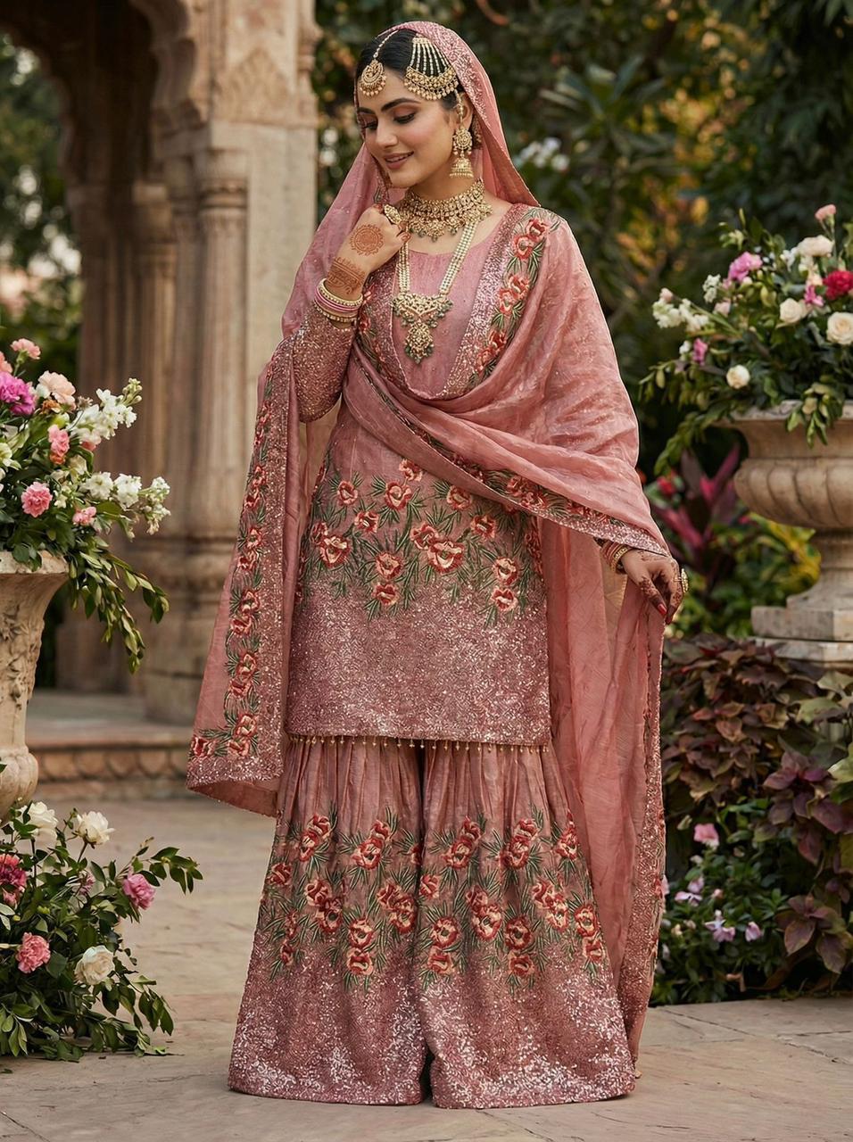 Fendy silk heavy embroidery sequin work Sharara Suit