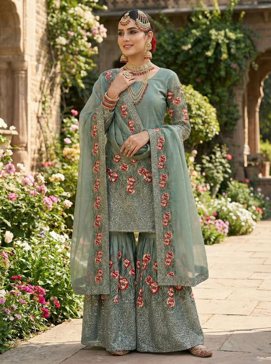 Fendy silk heavy embroidery sequin work Sharara Suit