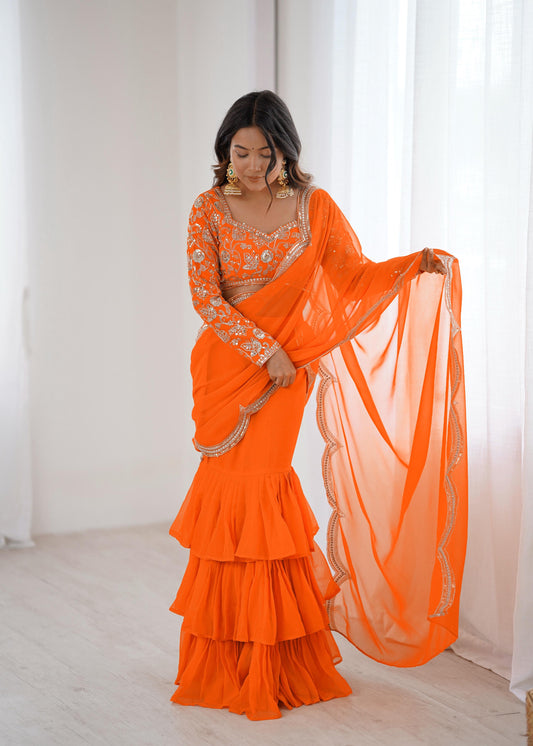 Orange Faux Georgette Ruffle Saree with Sequin Embroidery