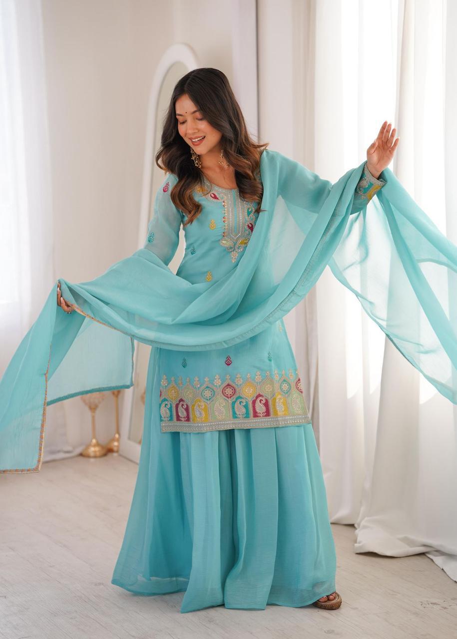 ✨ Pure Crunchy Silk Top Sharara & Dupatta Set ✨