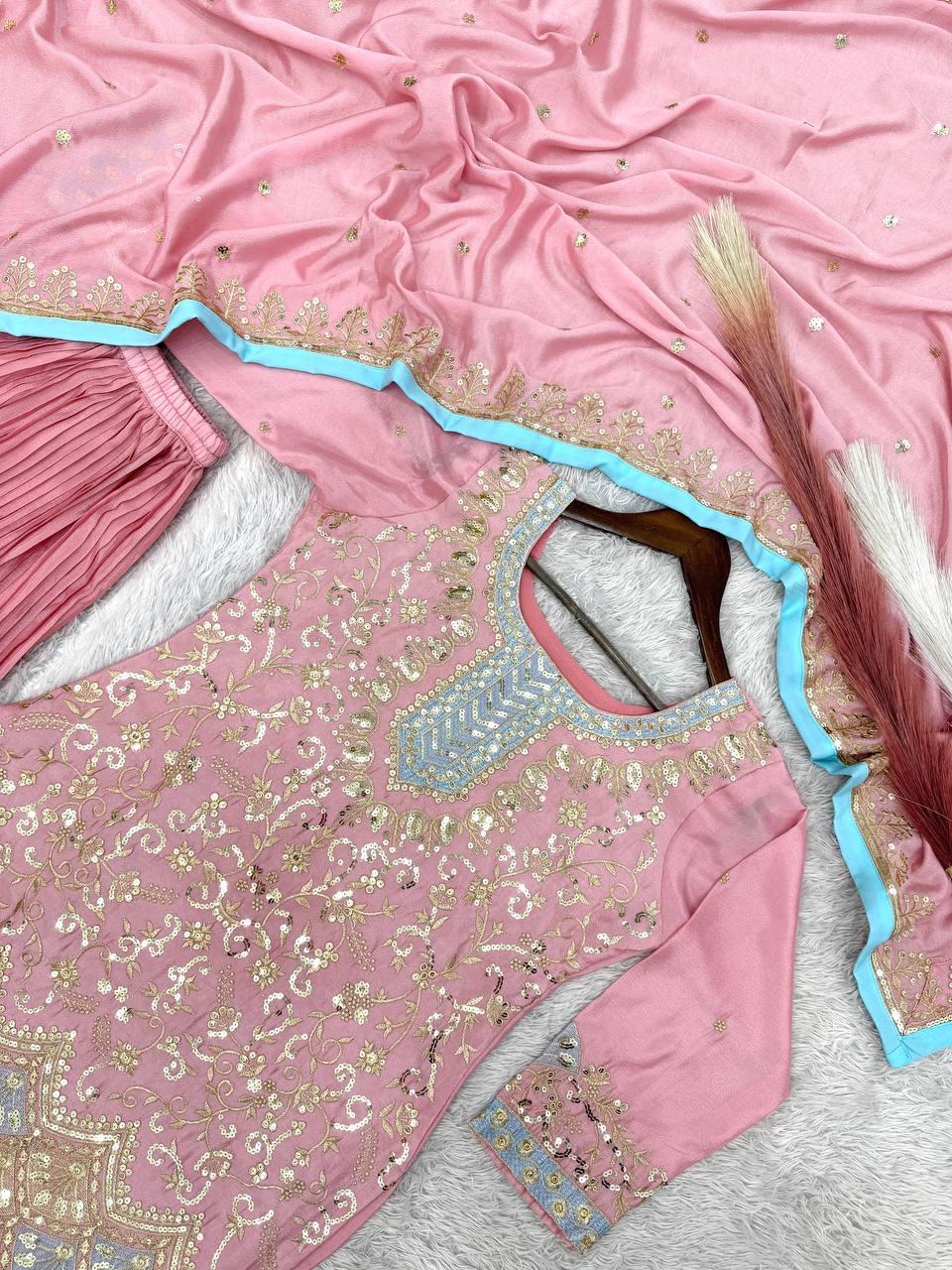 Pink Chinon kurti with Crushed Plazzo