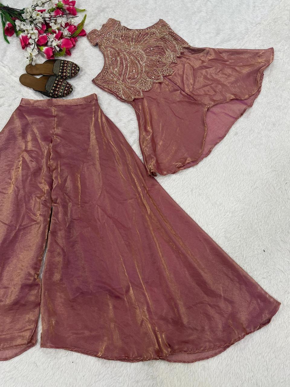 Full Neck Fendy Silk Top with Sharara Palazzo