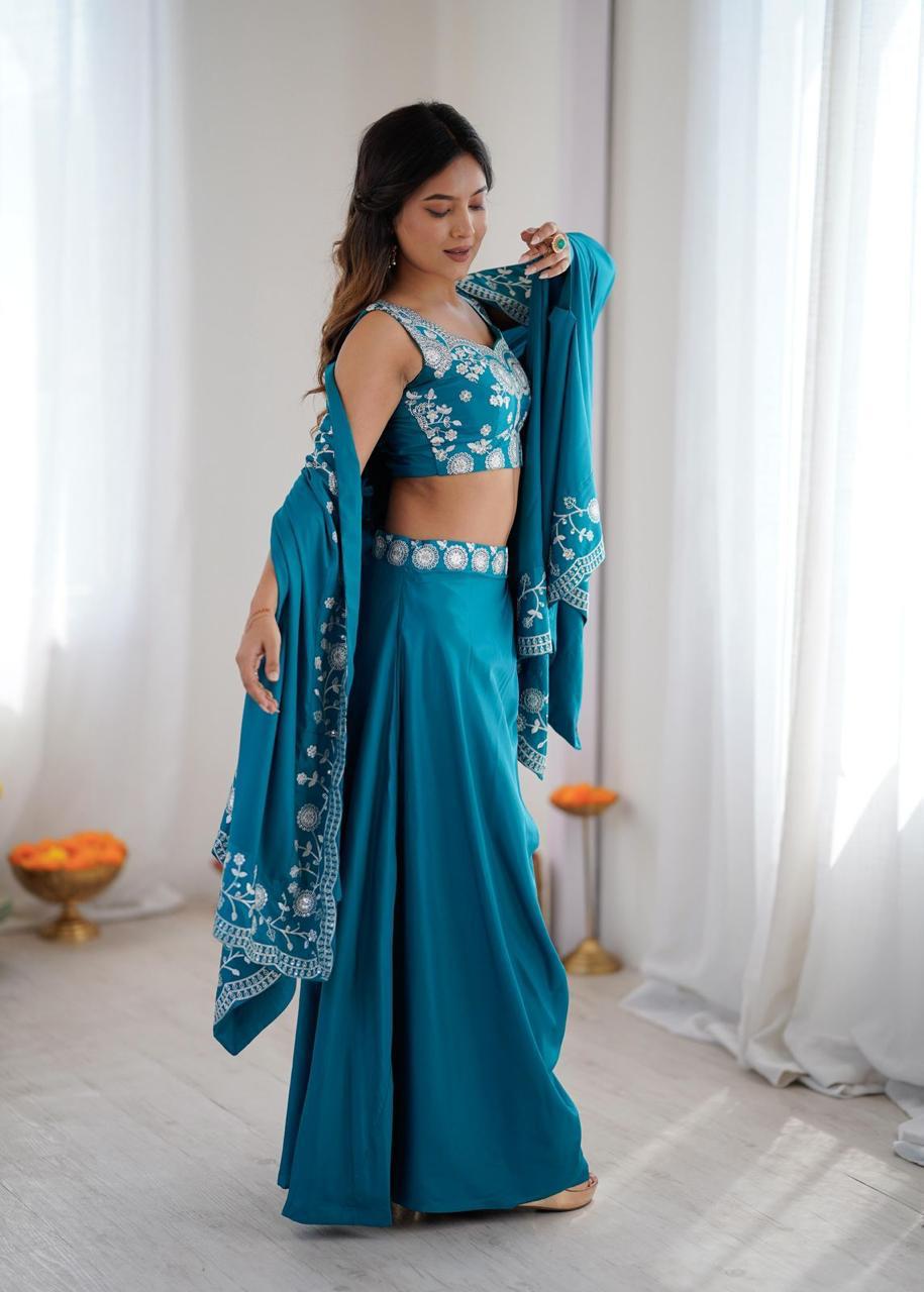 Blue French Crepe Dhoti with Shrug Set