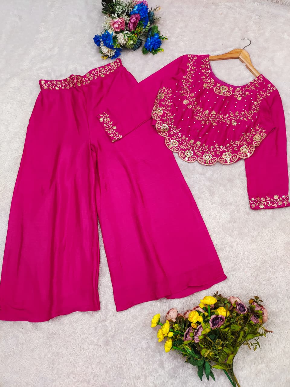 Chinon Silk Crop Top with Palazzo Pants