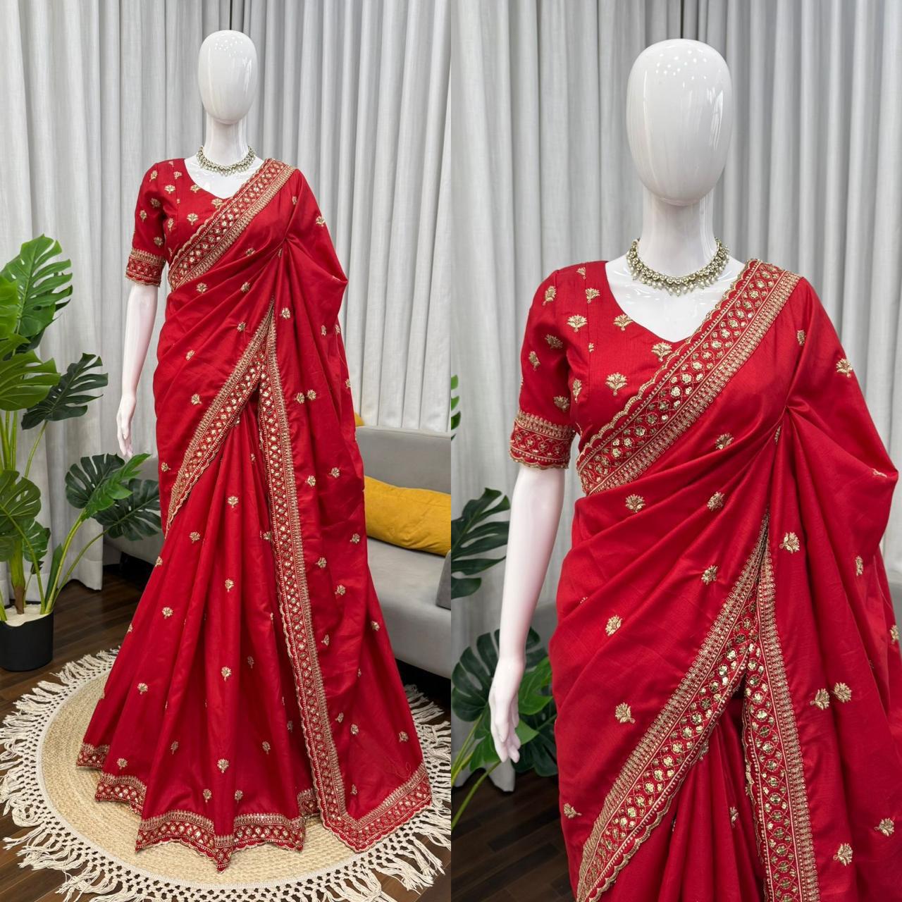 Red Jalpari Silk Saree with thread and Sequin Work