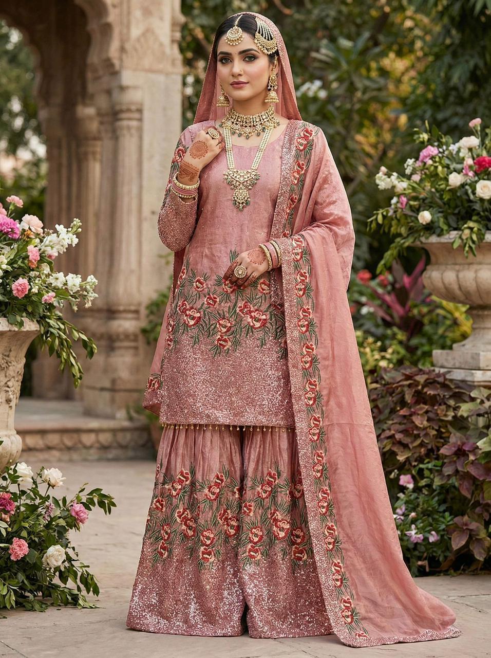 Fendy silk heavy embroidery sequin work Sharara Suit