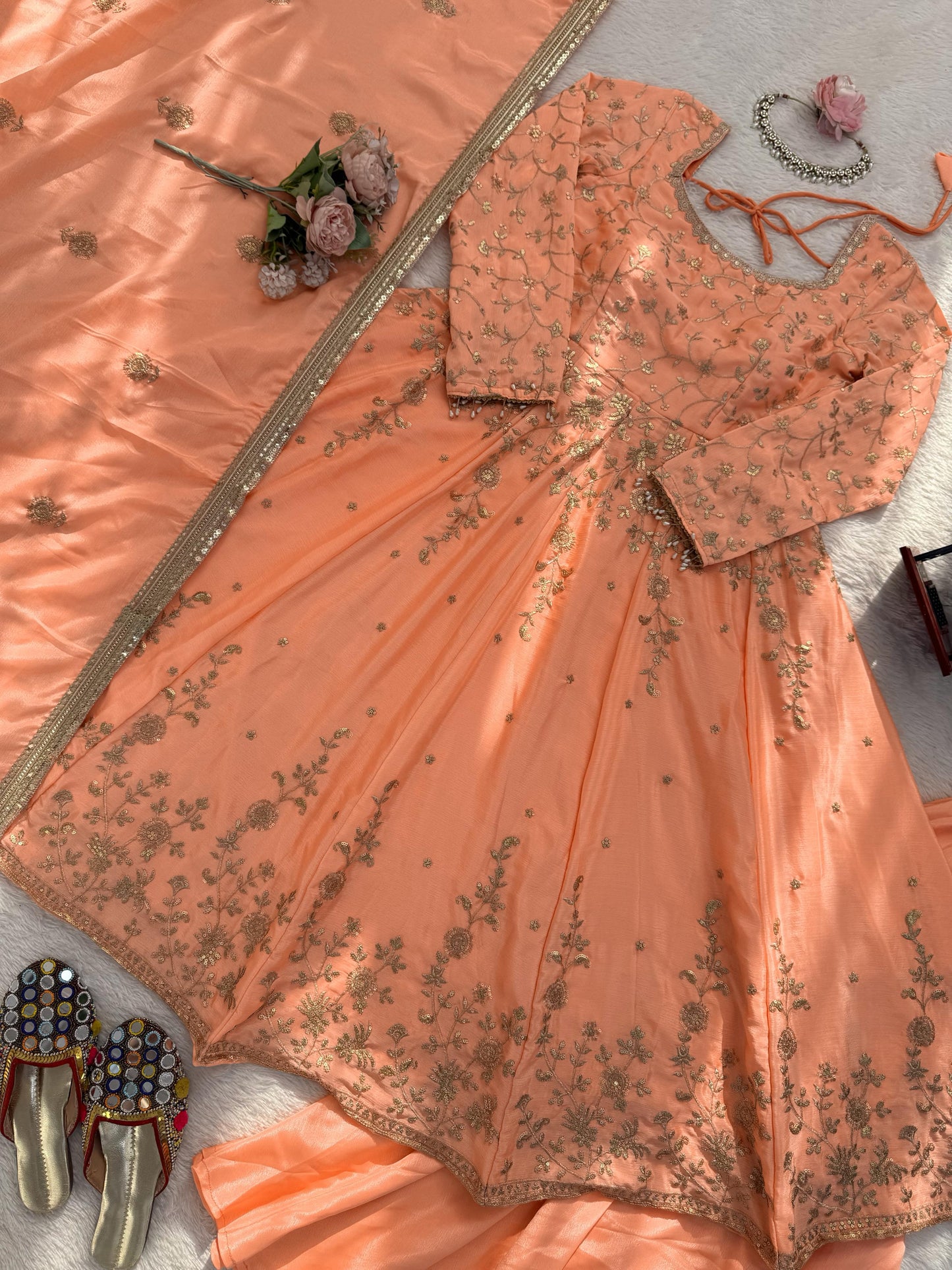 Peach Chinon Gown with Skirt