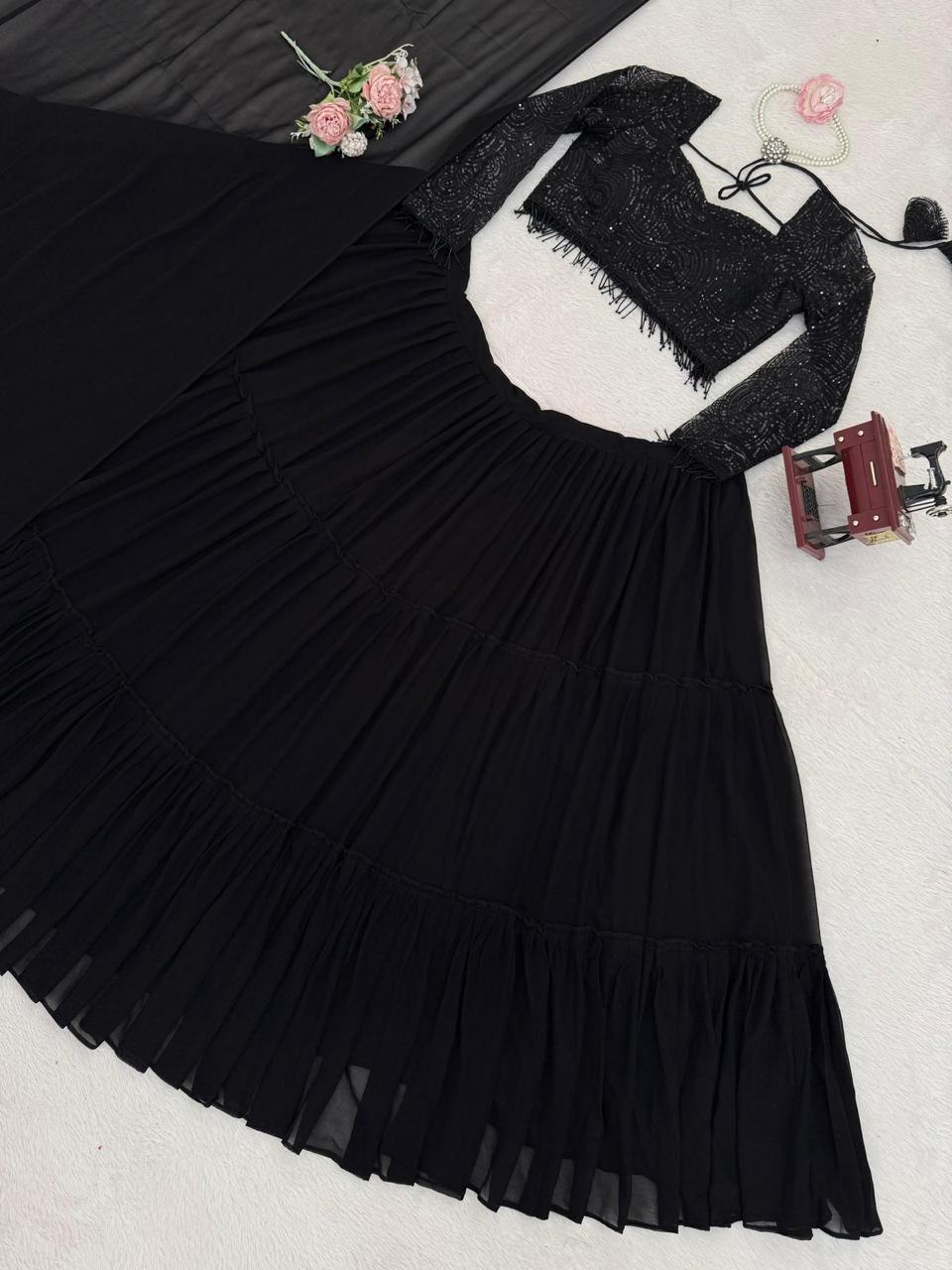 Black Faux Georgette Ruffle Pattern Lehenga