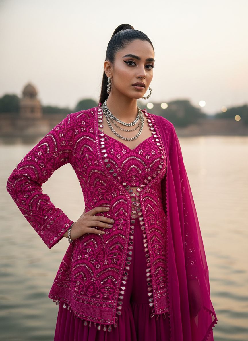 Pink Indo-Western Sharara Set with Embroidered Jacket