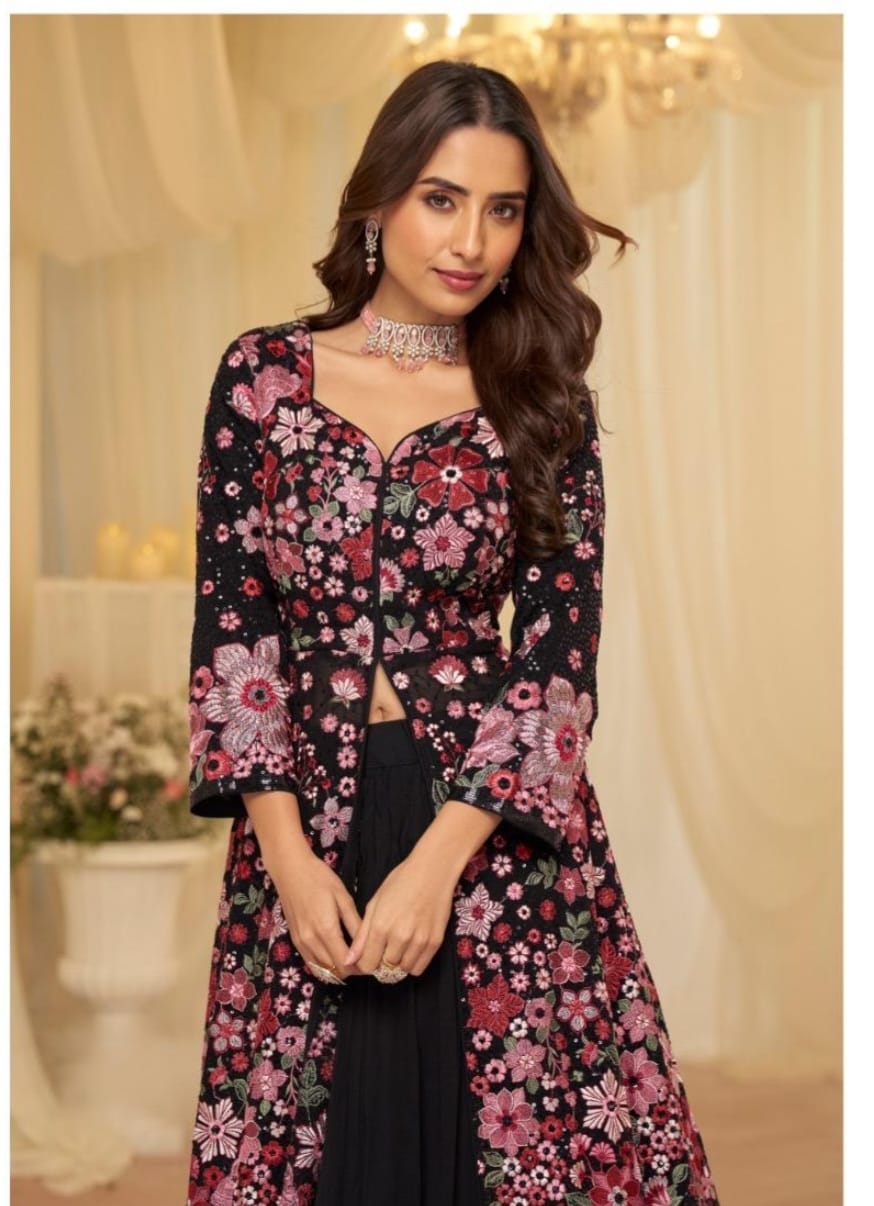 Real Georgette Heavy Embroidery Long Shrug with Skirt