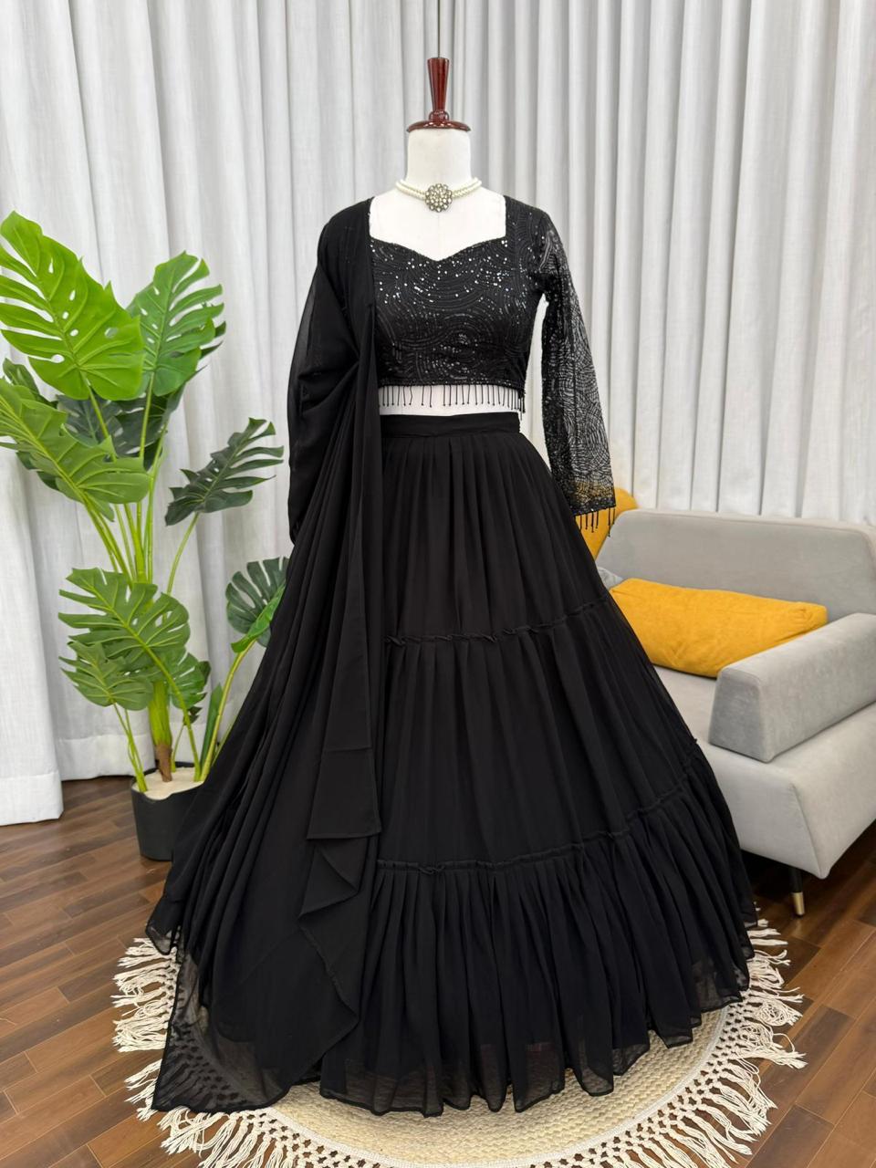 Black Faux Georgette Ruffle Pattern Lehenga