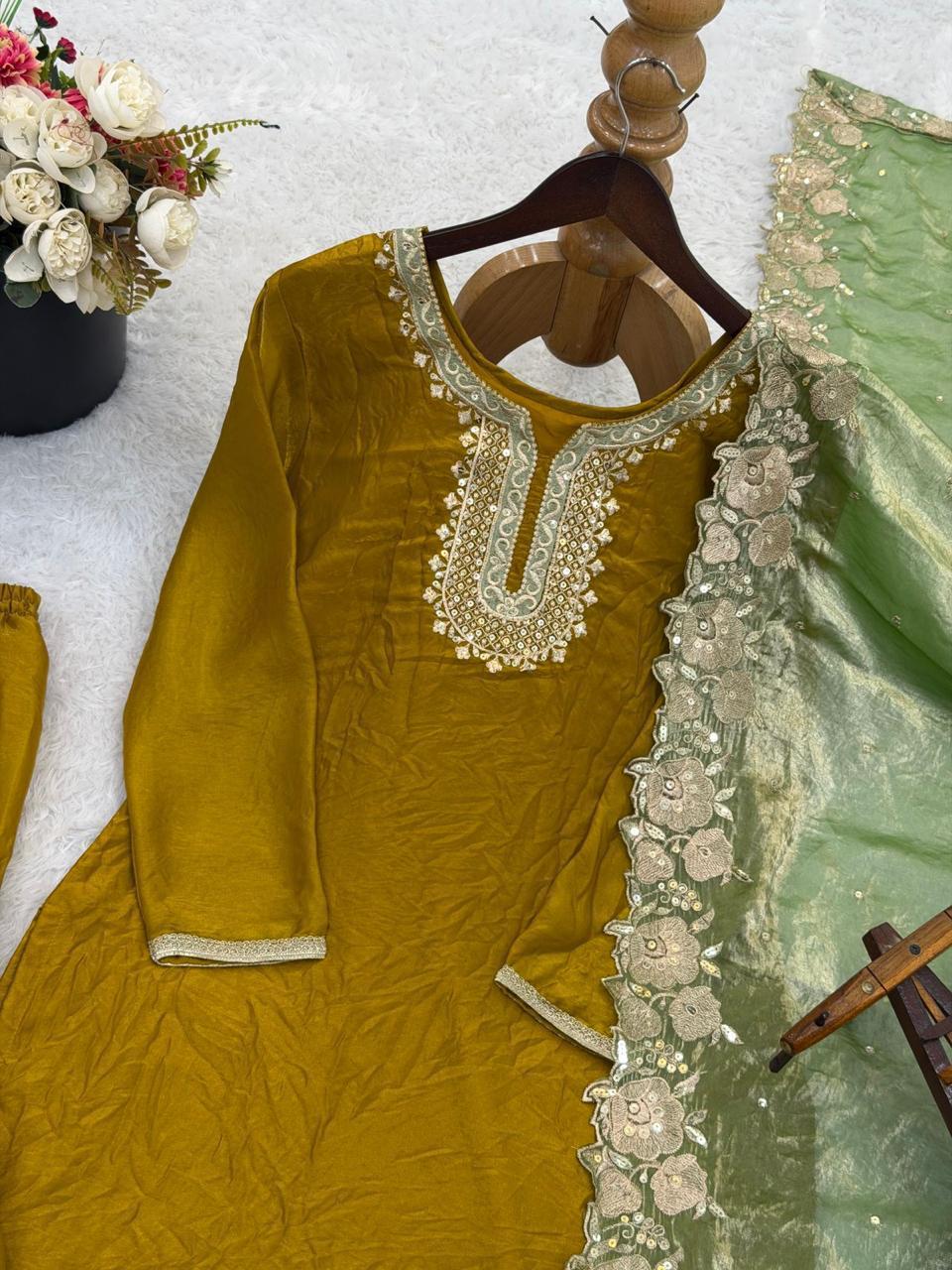 Fendy silk Palazzo Suit with graceful embroidery and sequin detailing
