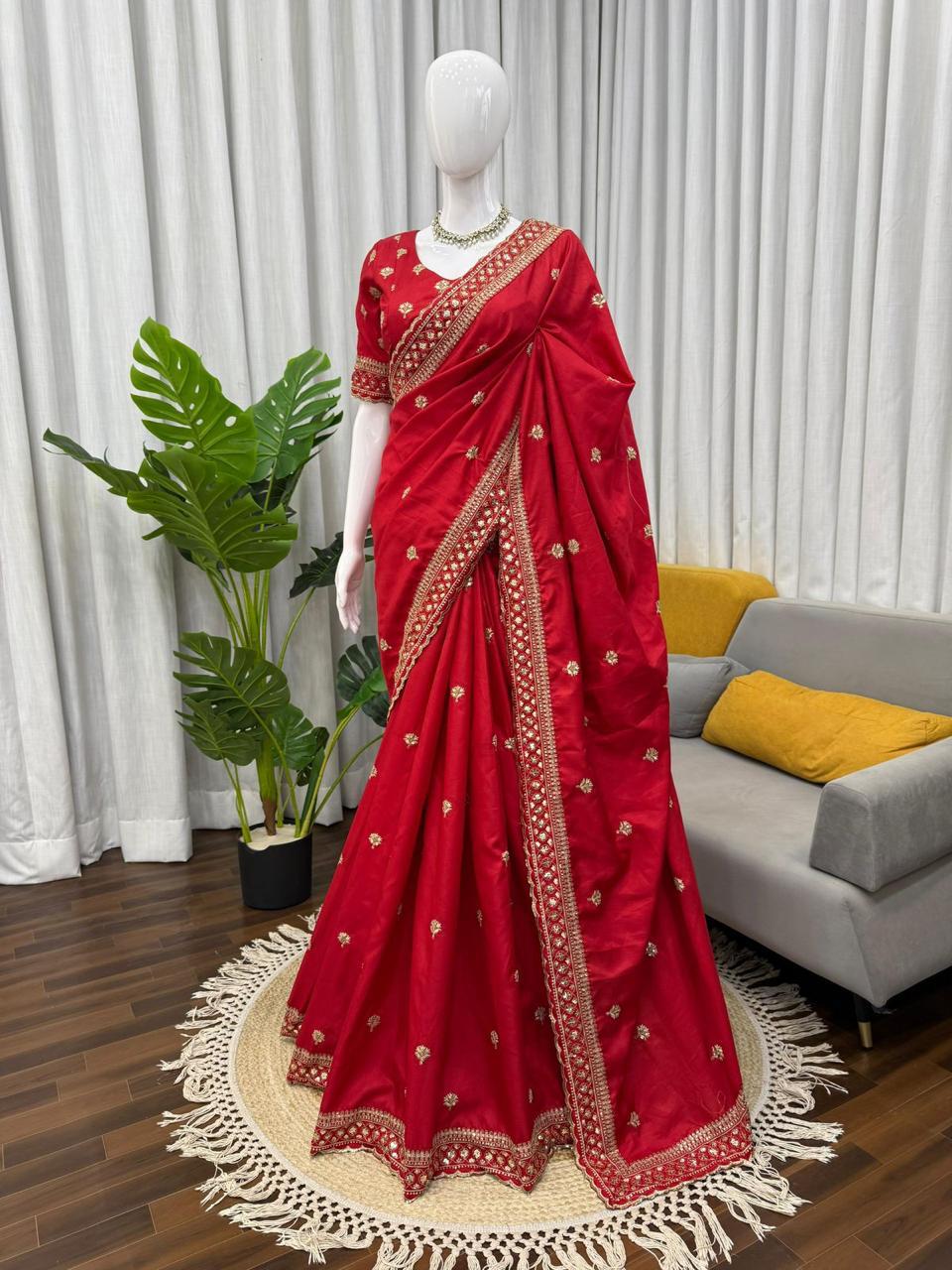 Red Jalpari Silk Saree with thread and Sequin Work