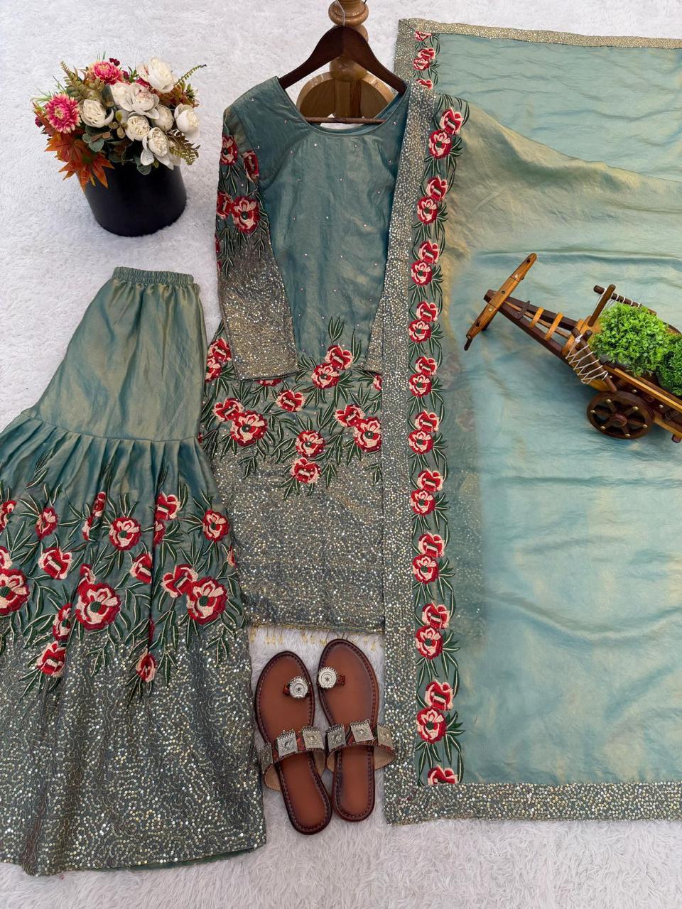 Fendy silk heavy embroidery sequin work Sharara Suit