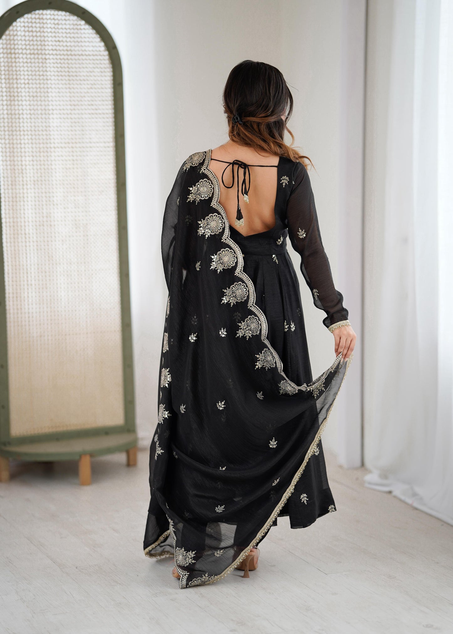 Crunchy Silk Embroidery Sequin Gown with Pants