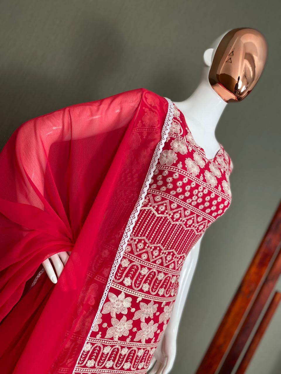 Thread Work Red Suit with Pant & Duppata