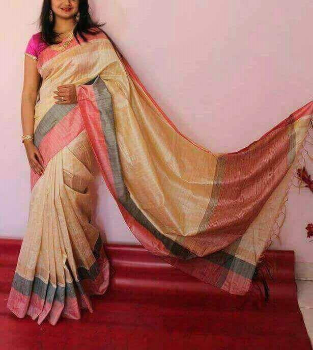 Beige Raw Silk Saree with Contrast Pallu